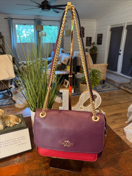 Coach Two-Tone Purple and Red Leather Shoulder Bag with Gold Chain